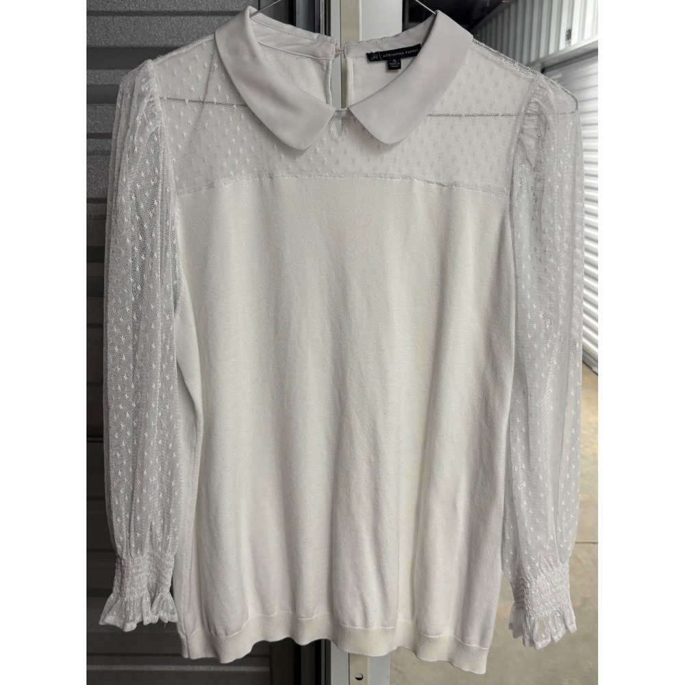 Adrianna Papell White Swiss Dot Lace Sleeve Peter Pan Collar Knit Top XL